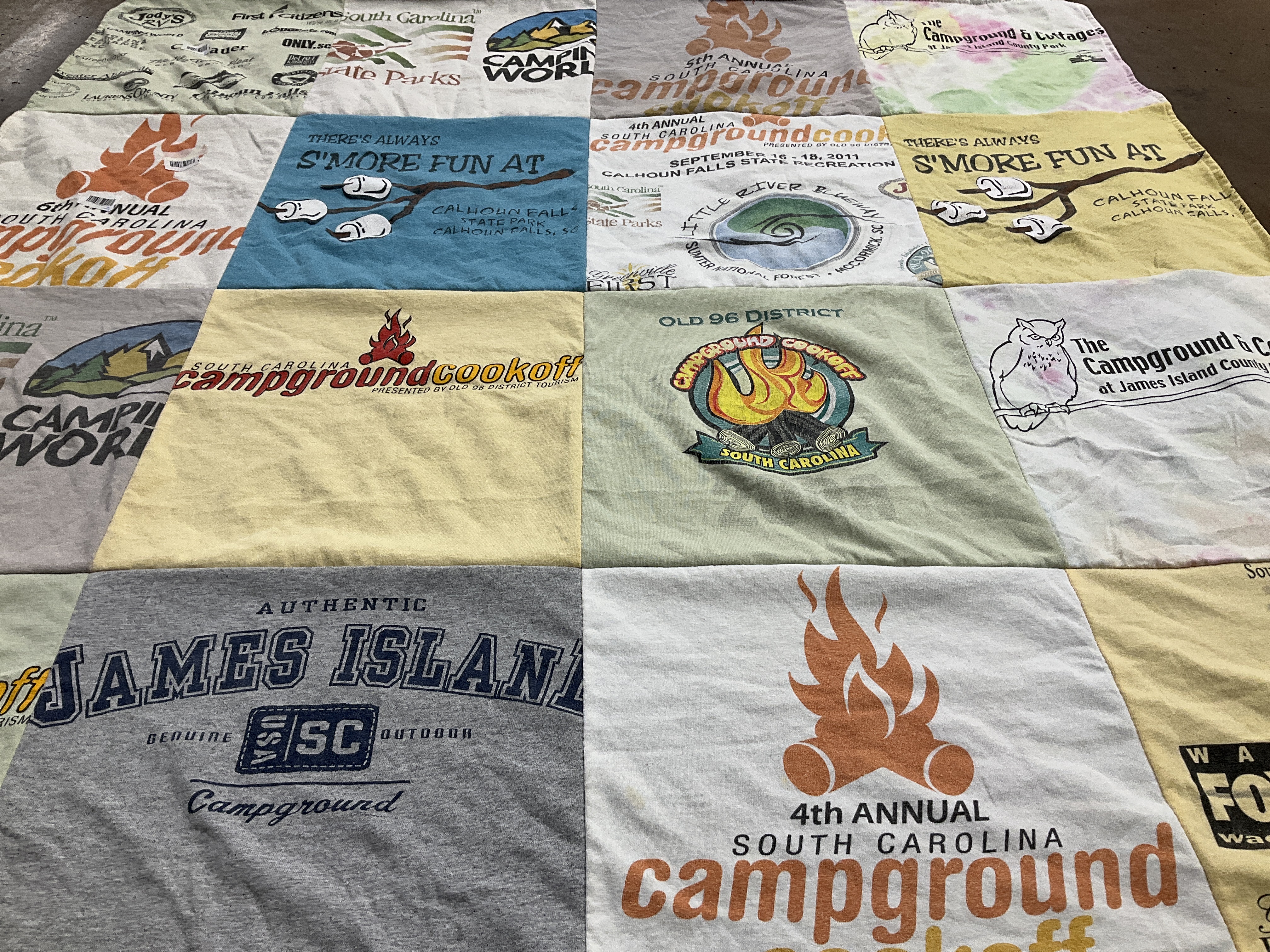 T-shirt quilt with camping, outdoor activities themes by Gail from SC