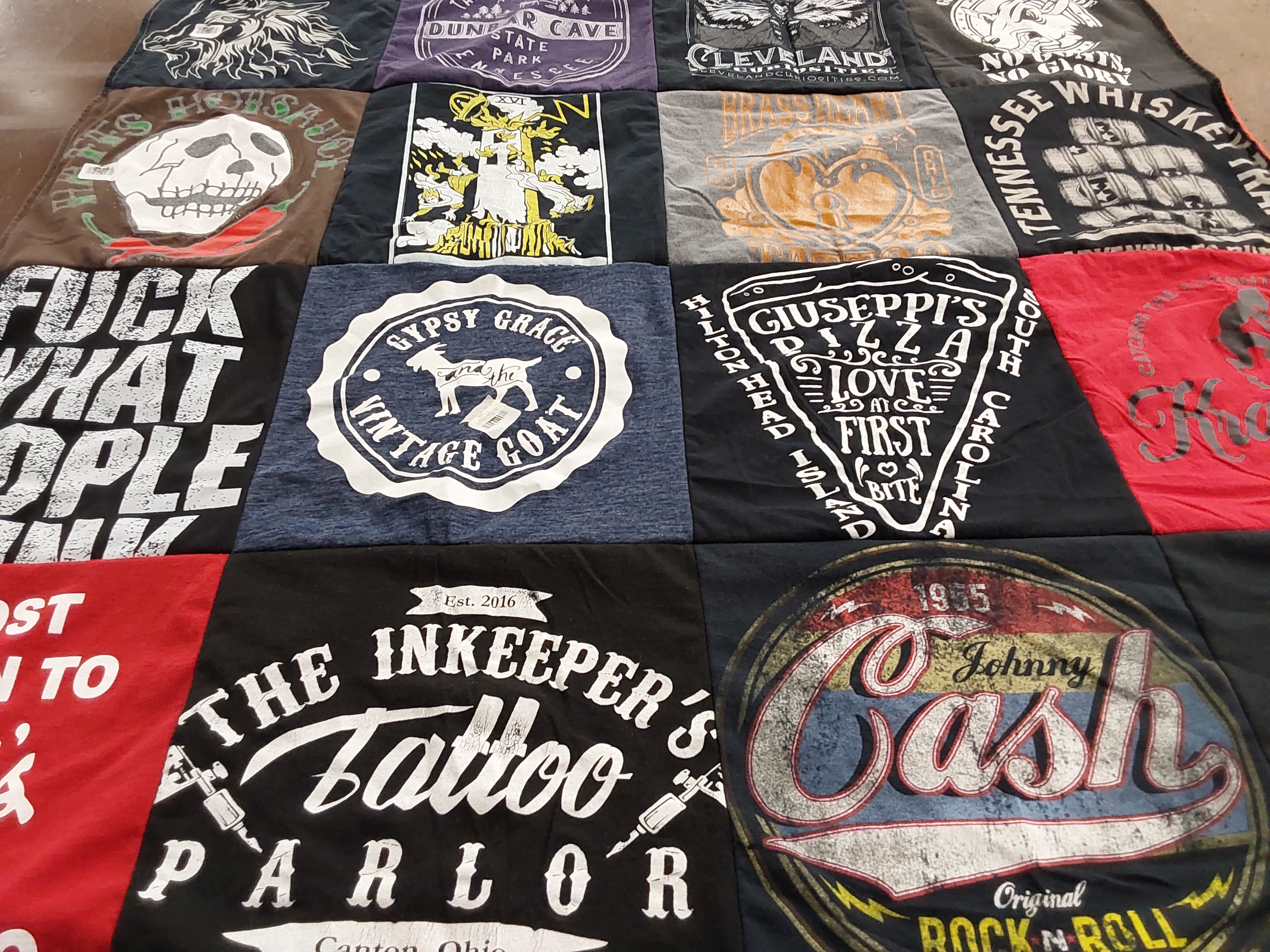 T-shirt quilt with tattoos, food themes by Melissa from OH