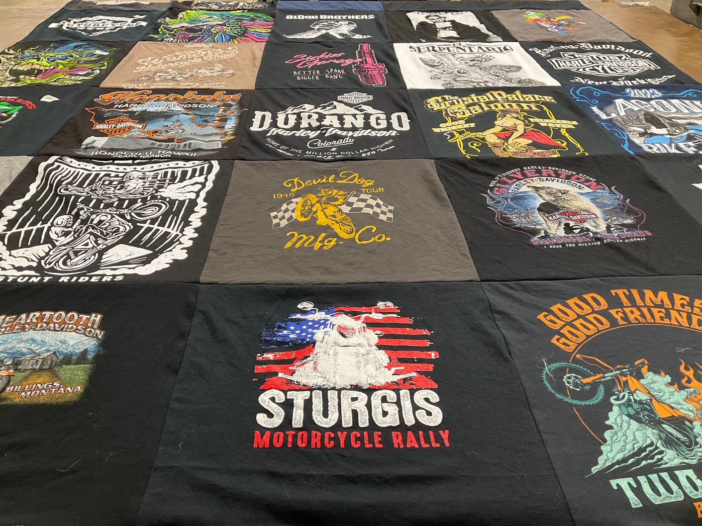 T-shirt quilt with motorcycles, biking themes by jacque from CA