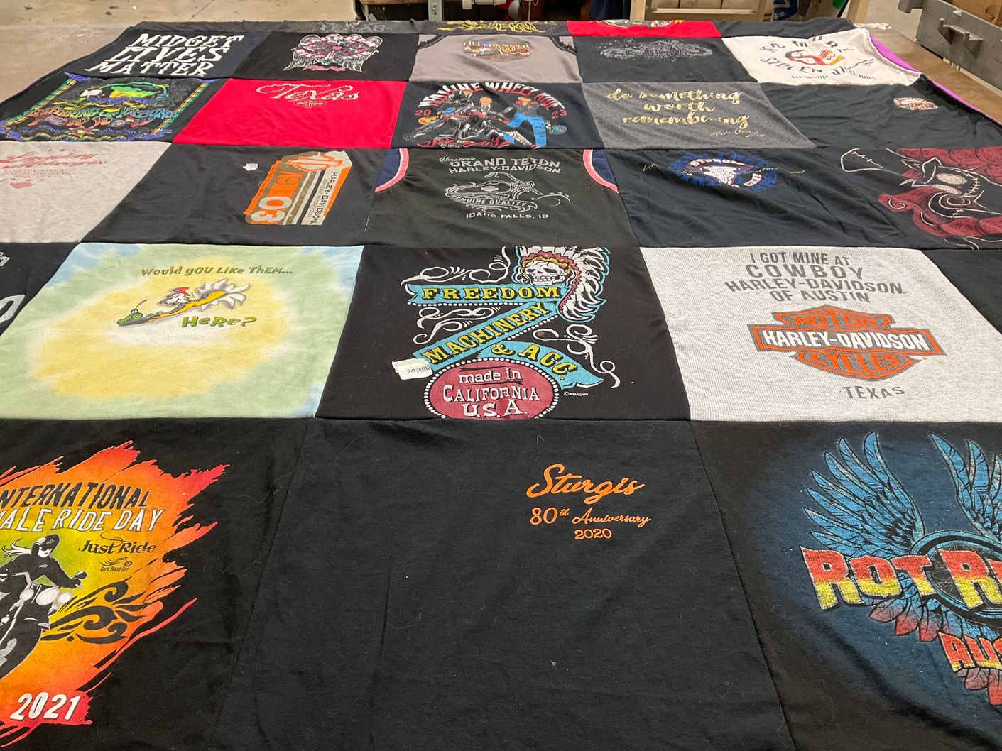 T-shirt quilt with motorcycling, biking themes by jacque from CA