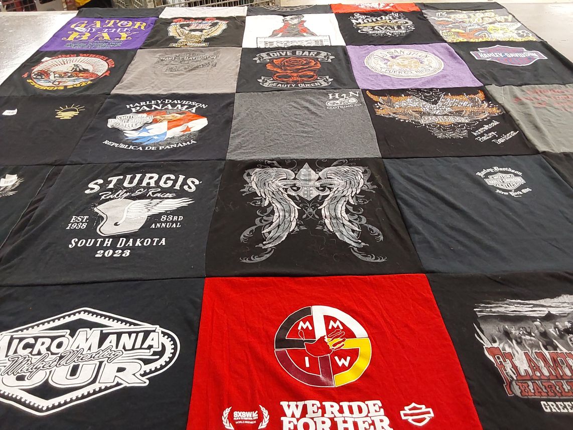 T-shirt quilt with motorcycles, biker culture themes by jacque from CA