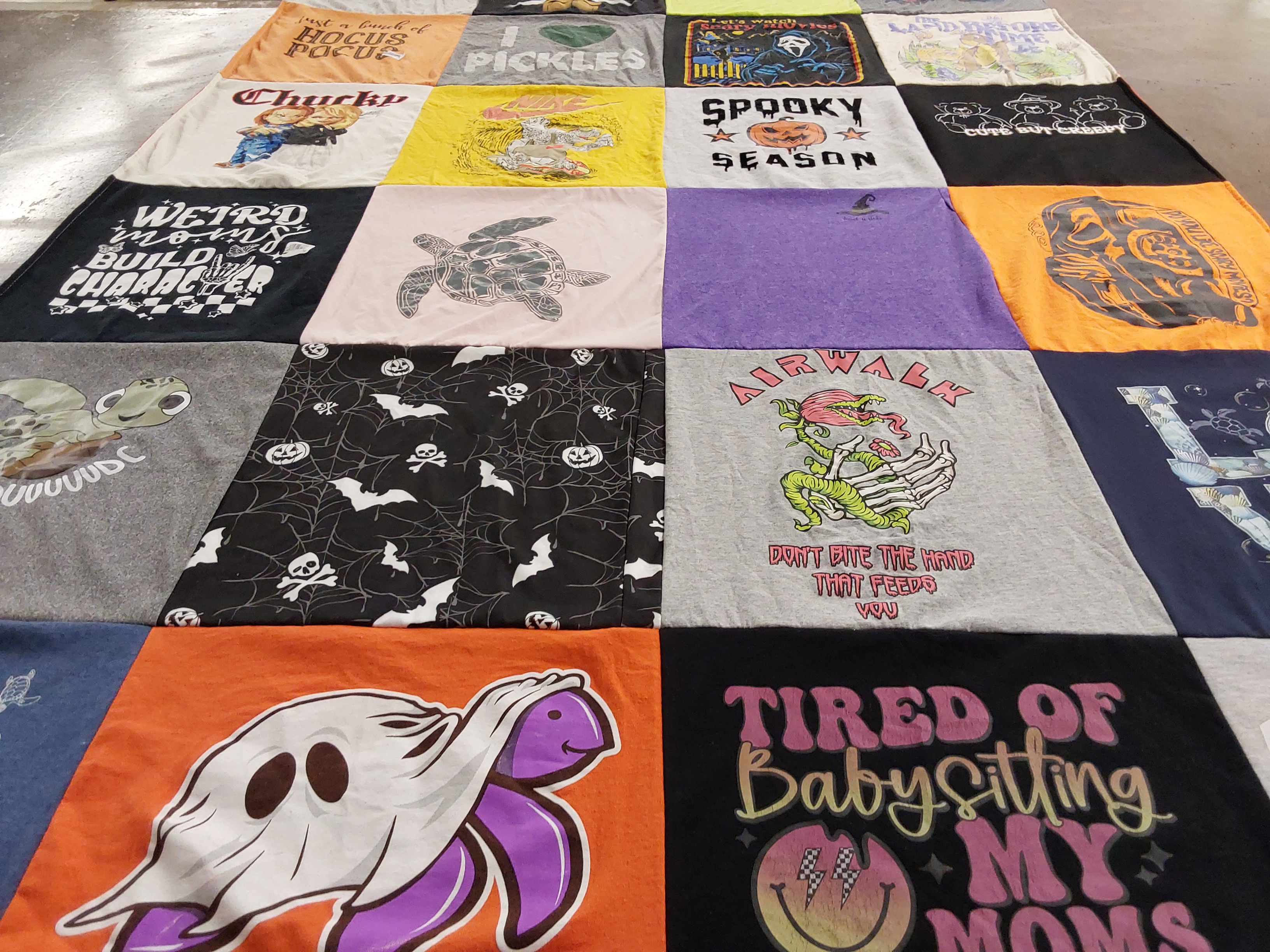T-shirt quilt with halloween, horror themes by Theresa from CT