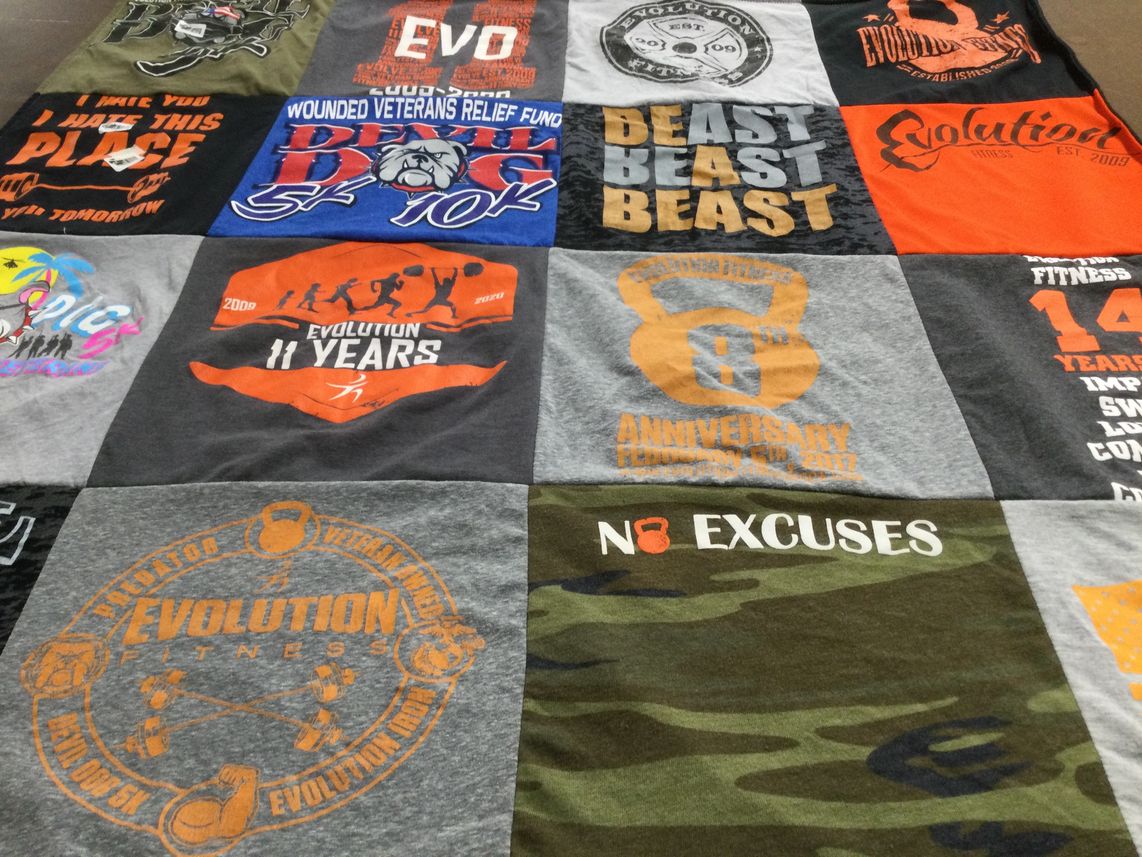 T-shirt quilt with fitness, veterans support themes by Bari from FL