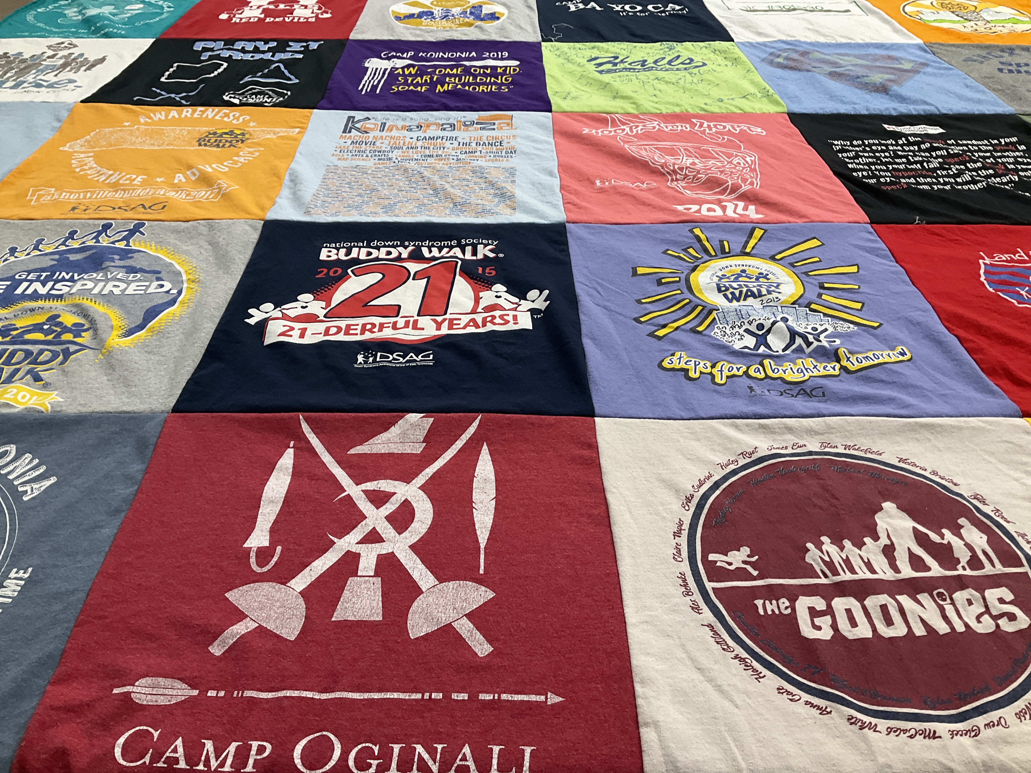 T-shirt quilt with camping, community involvement themes by Christa from TN