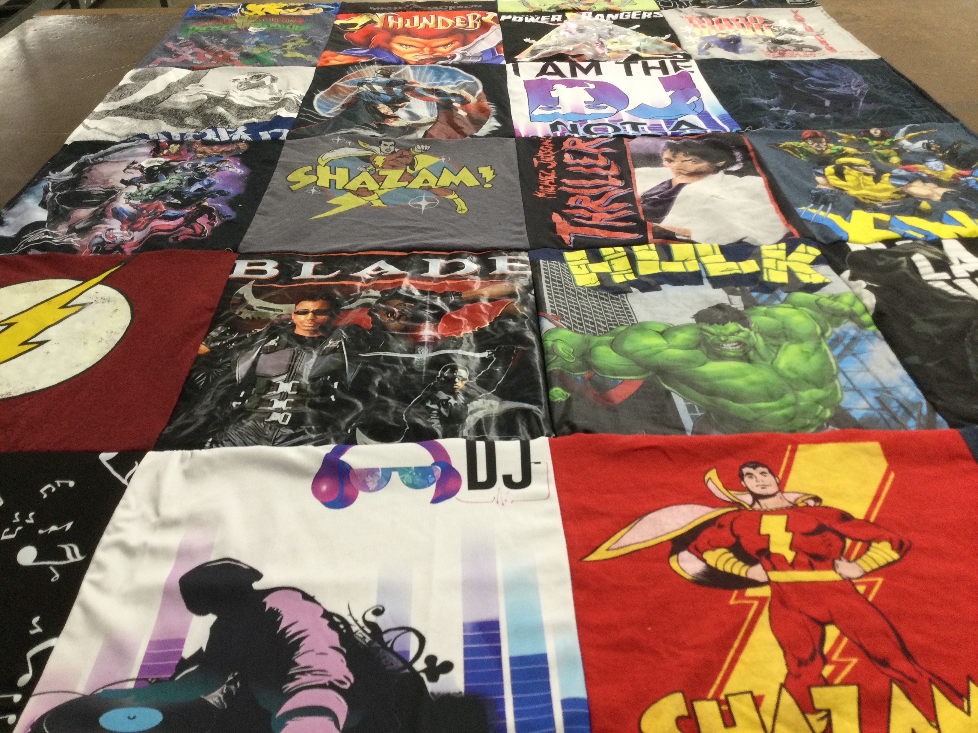 T-shirt quilt with comics, movies themes by Lisa from FL
