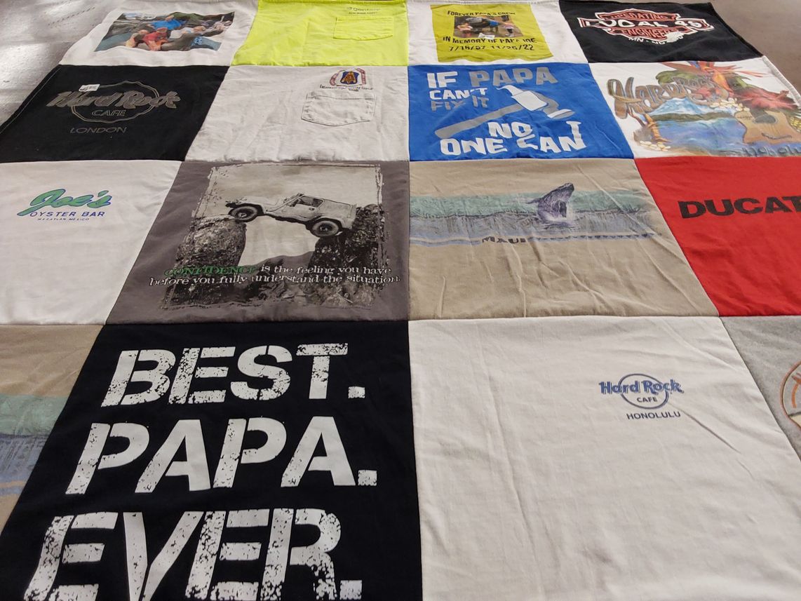 T-shirt quilt with travel, family themes by Pamela from MN