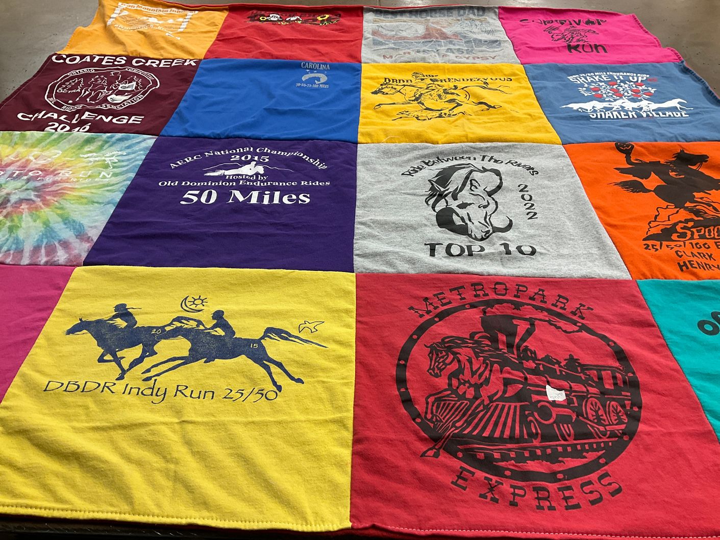 T-shirt quilt with endurance riding, horse racing themes by Karen from OH