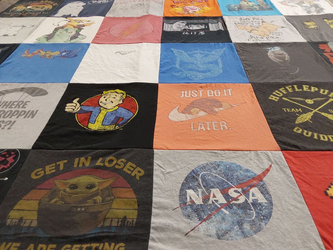 T-shirt quilt with video games, space themes by Jennifer from FL
