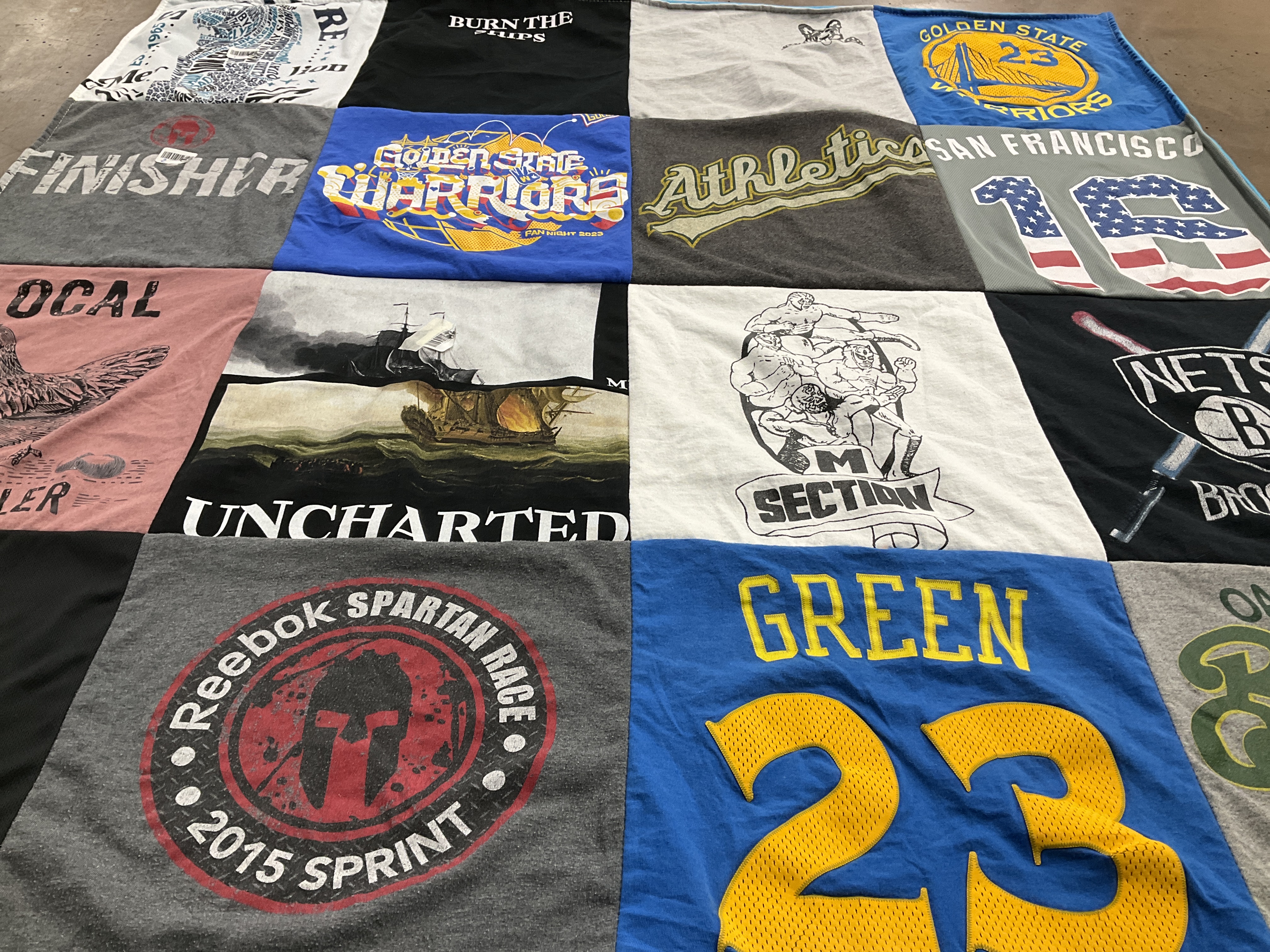 T-shirt quilt featuring golden state warriors, oakland athletics by Trisha from CA