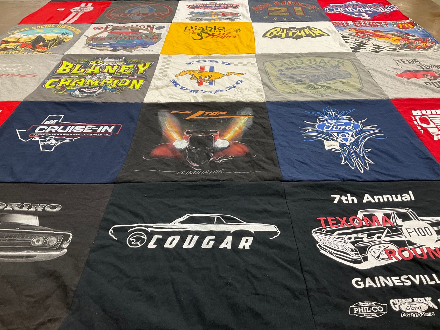 T-shirt quilt with cars, racing themes by Kristy from TX