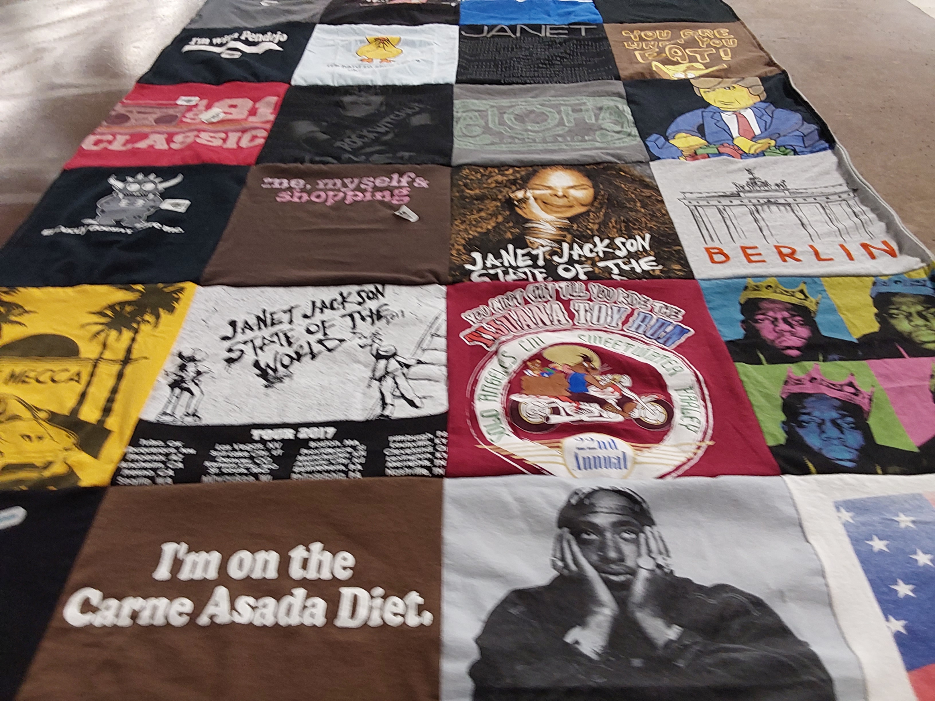 T-shirt quilt with music, pop culture themes by Valerie from CA