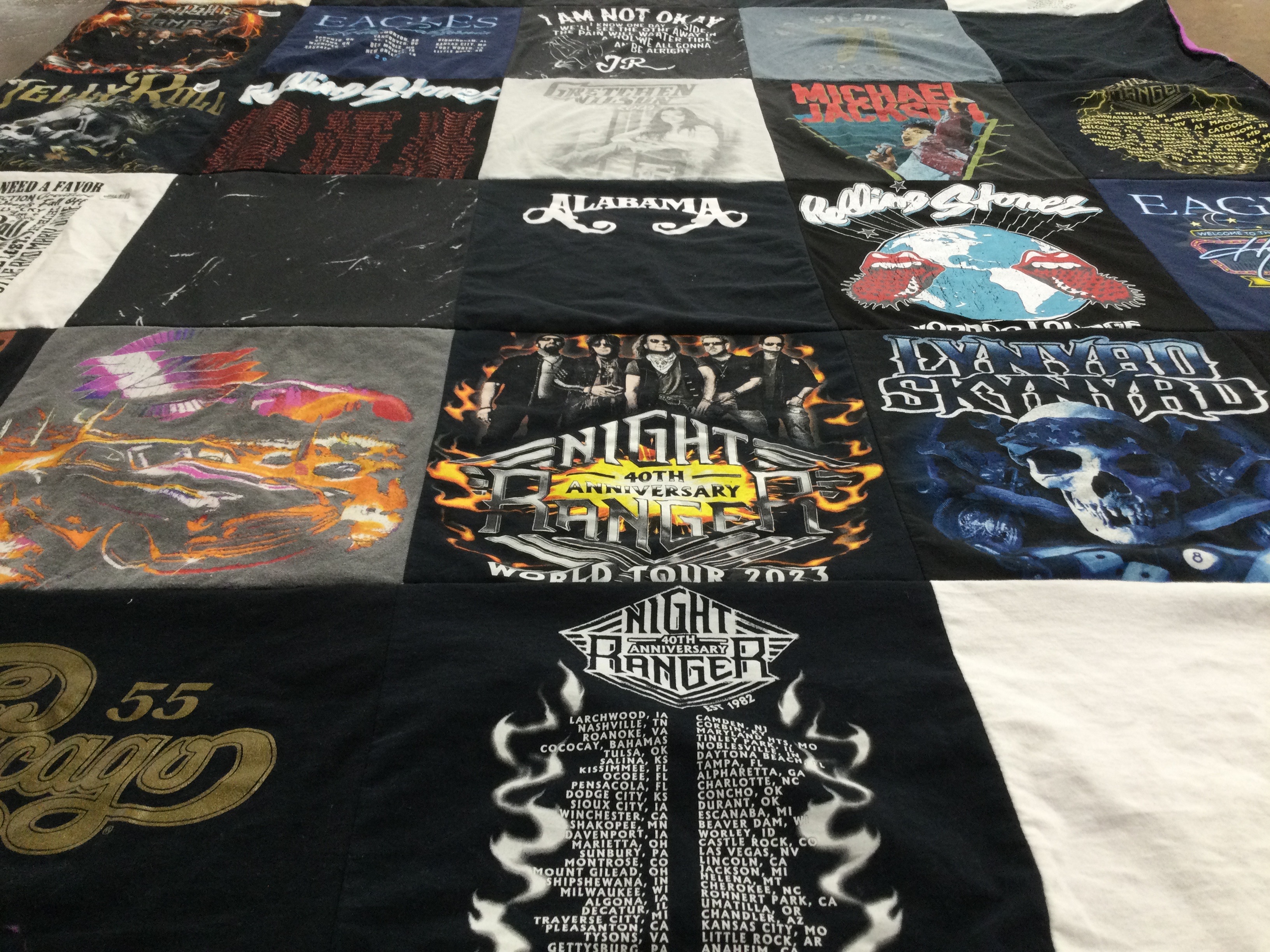 T-shirt quilt with music, rock themes by Carol from AR