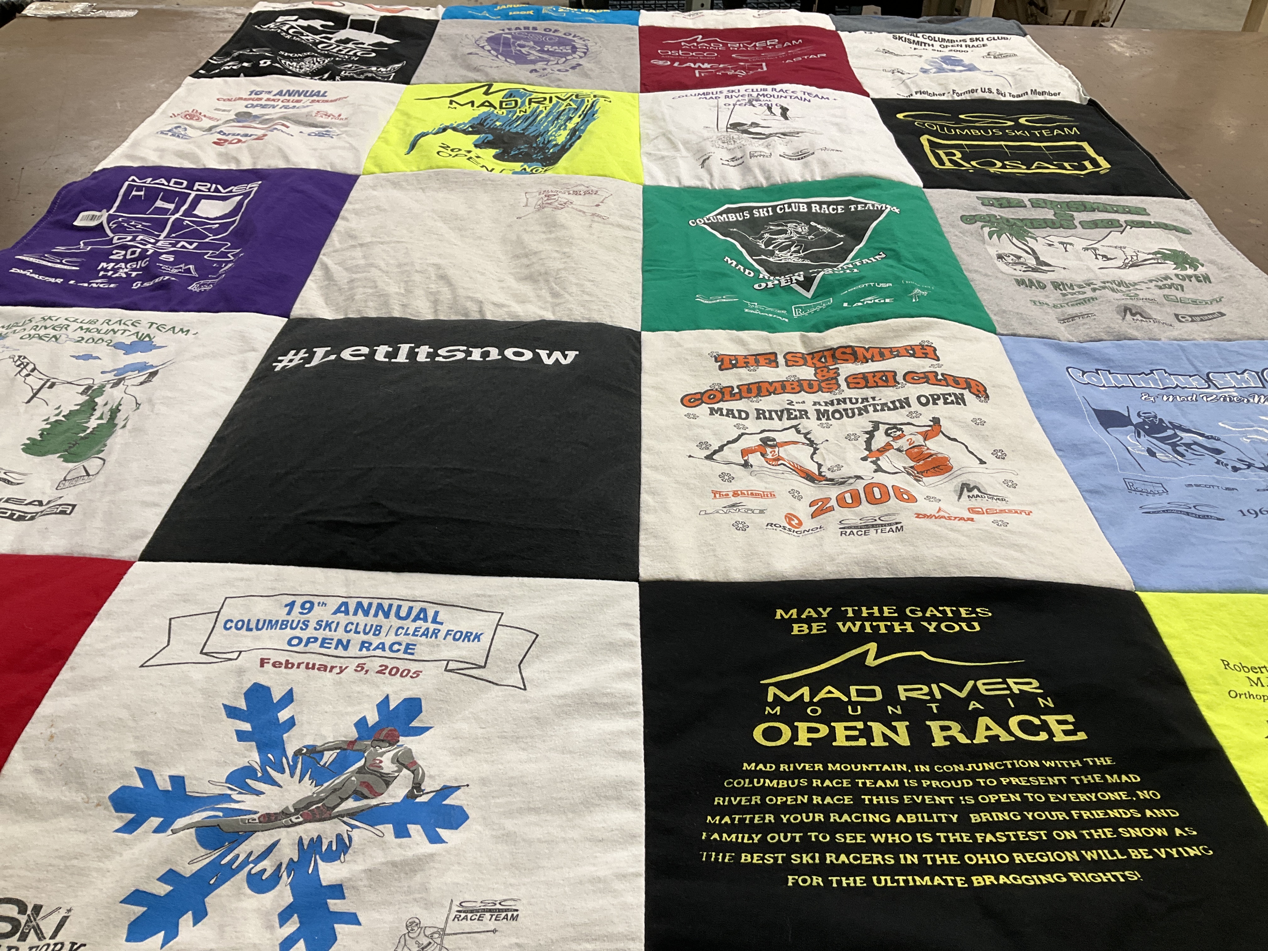 T-shirt quilt with skiing, snowboarding themes by Amber from OH