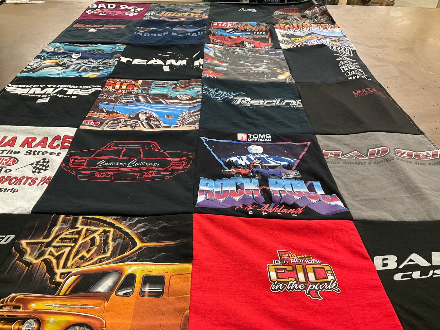 T-shirt quilt with automotive, racing themes by Hailey from TX