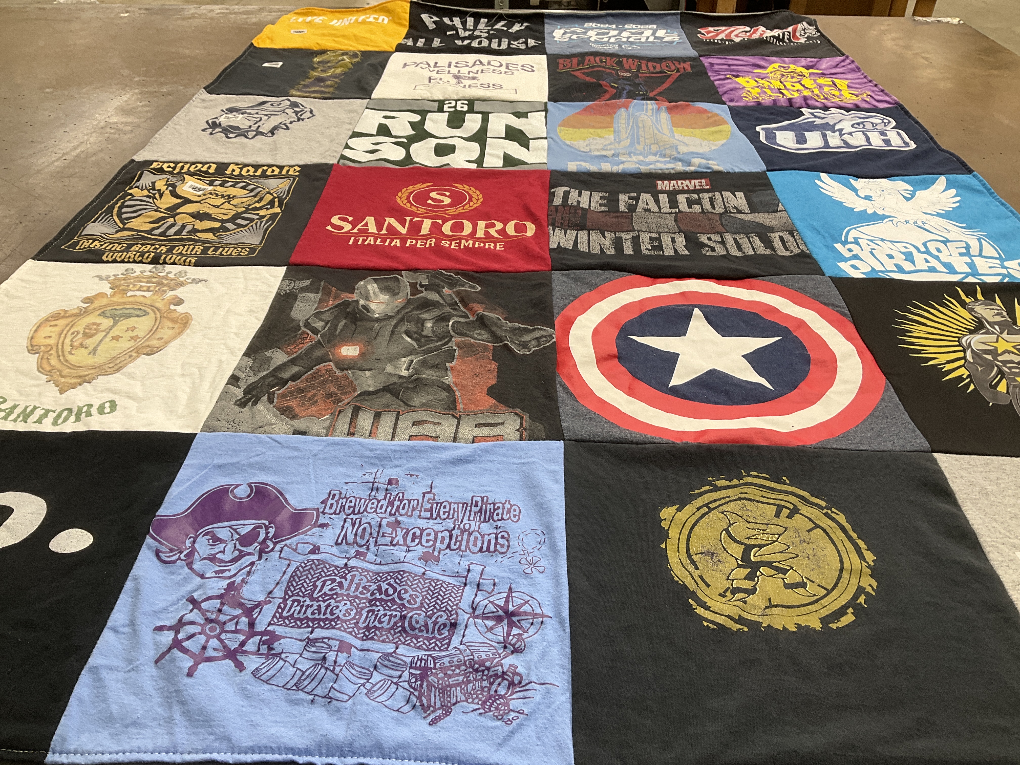 T-shirt quilt with superheroes, pirates themes by Diana from PA