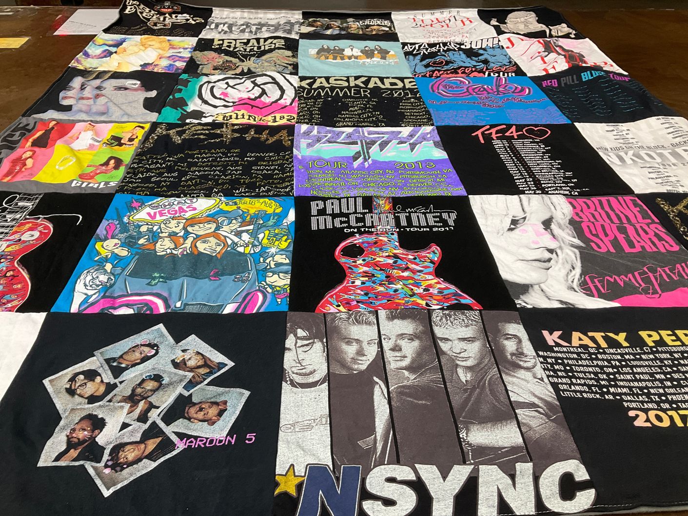 T-shirt quilt with music, concerts themes by Linda from MI