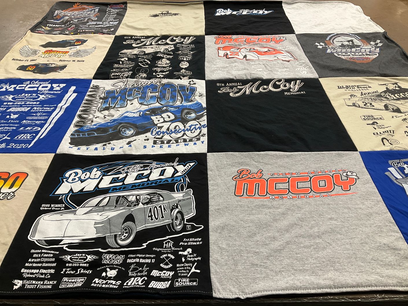 T-shirt quilt with racing, memorial events themes by Becky from CA