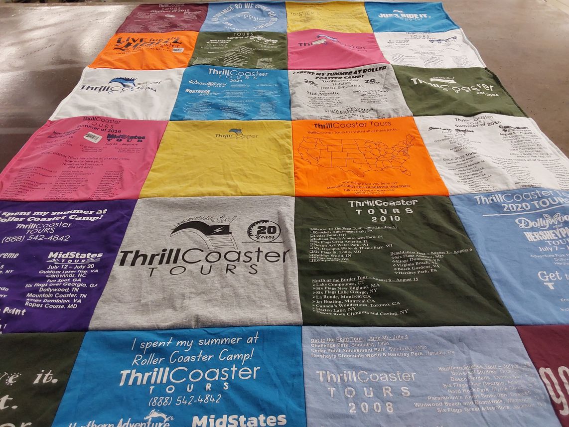 T-shirt quilt with roller coasters, amusement parks themes by Laura from NJ