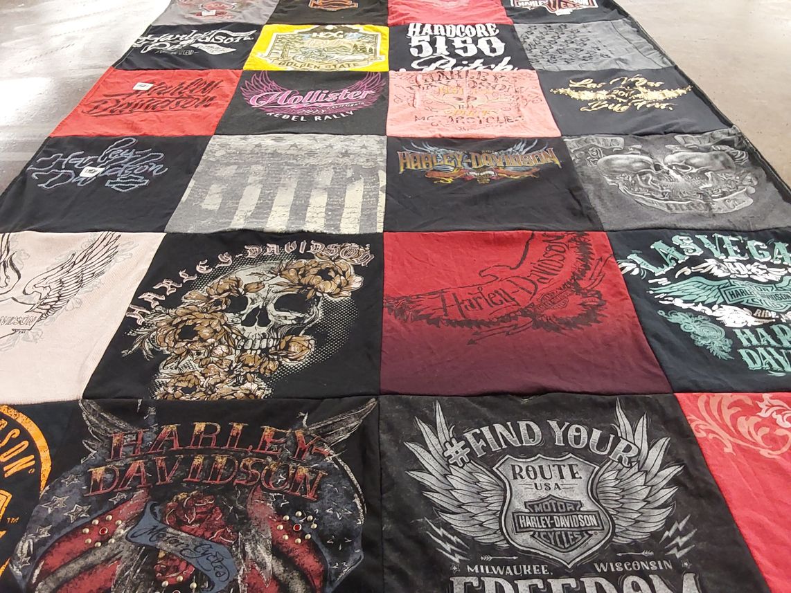 T-shirt quilt with motorcycling, biking themes by Janice from CA