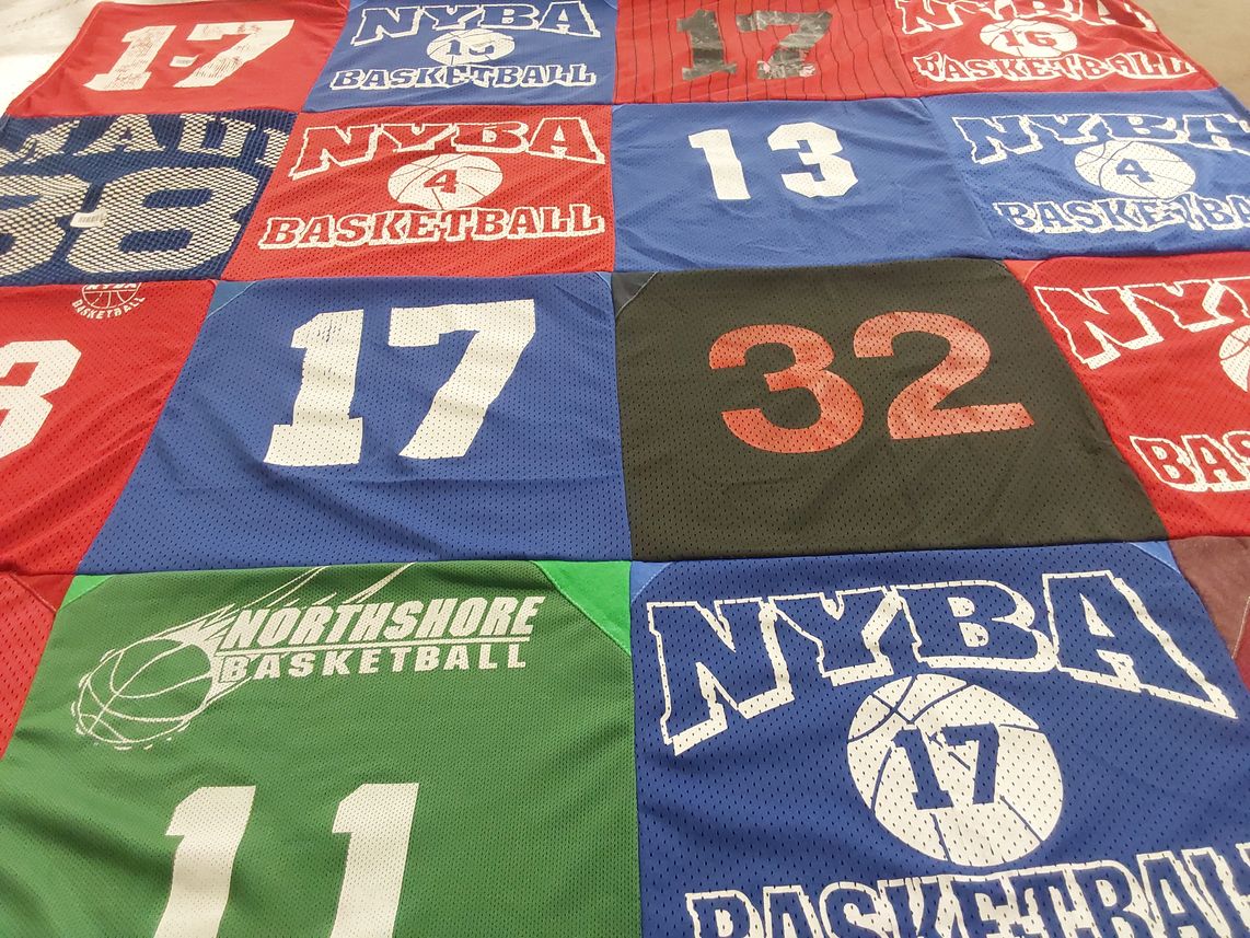 T-shirt quilt with sports, basketball themes by Susan from WA