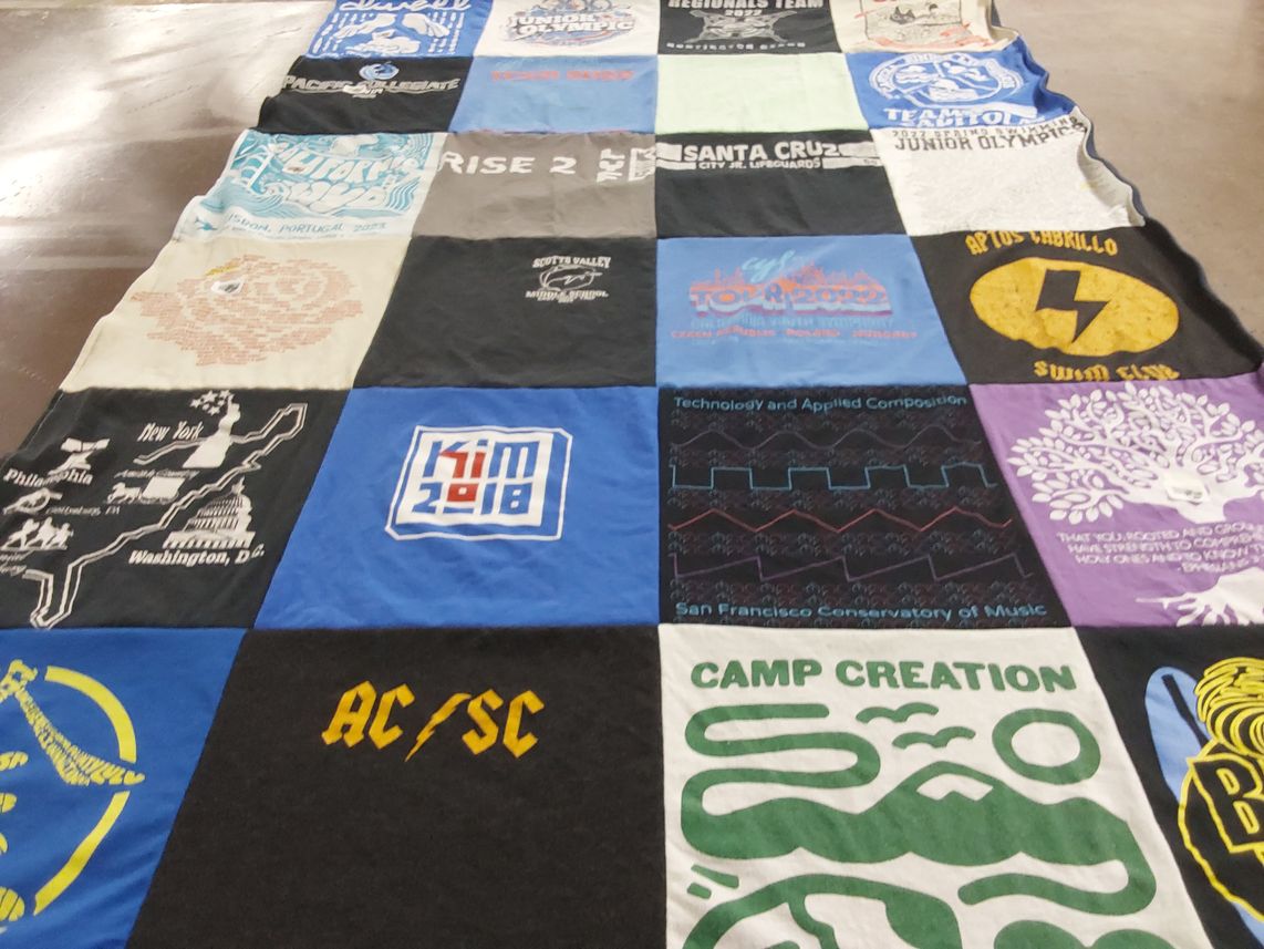 T-shirt quilt with music, sports themes by Rosa from CA