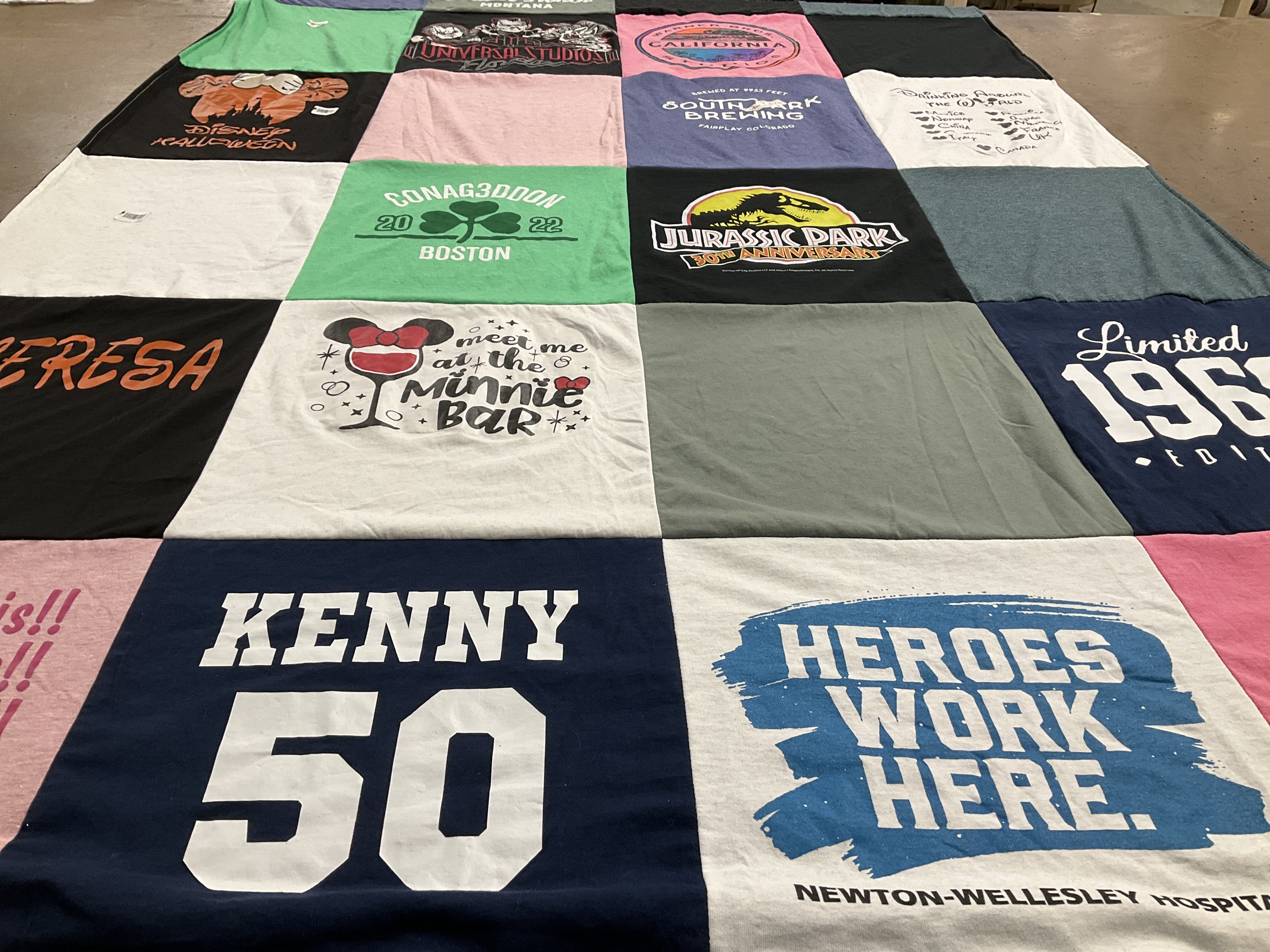 T-shirt quilt with theme parks, movies themes by Susan from MA
