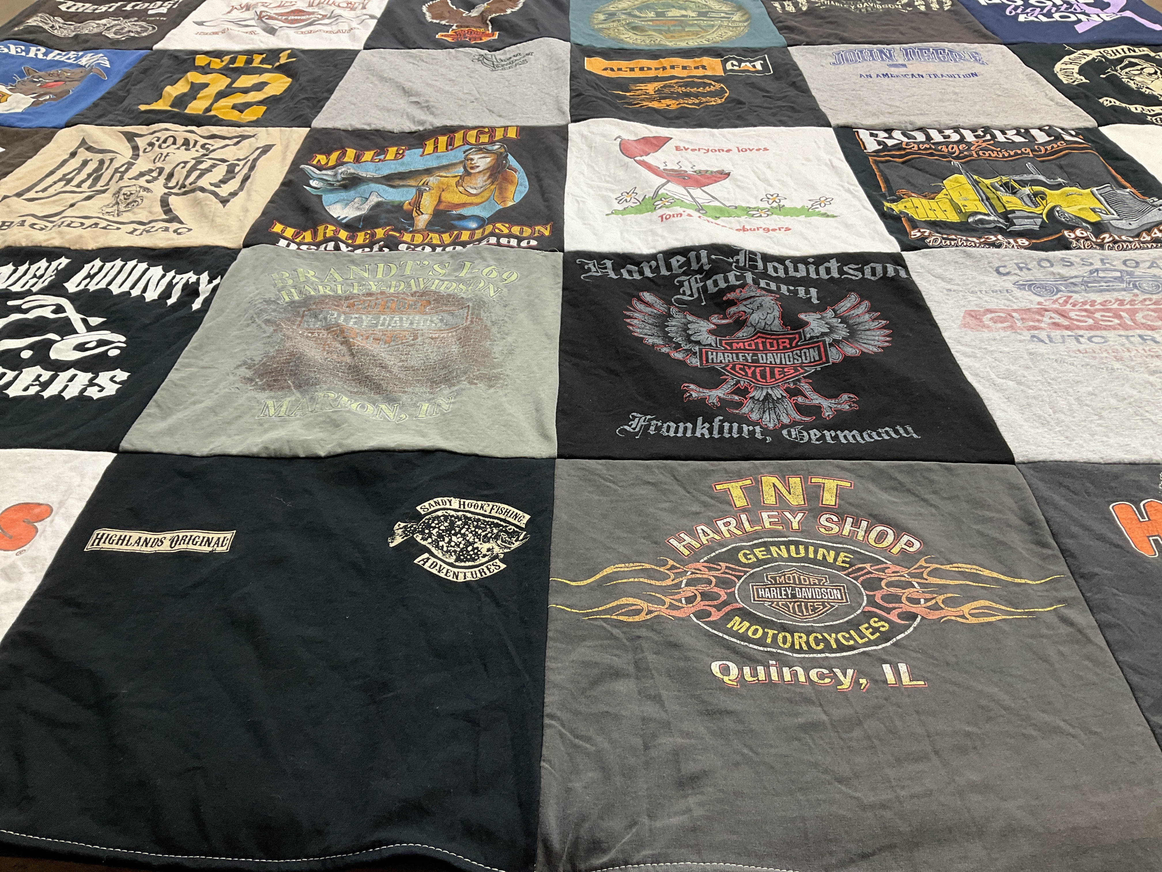 T-shirt quilt with motorcycles, motorcycle culture themes by Carolyn from IL