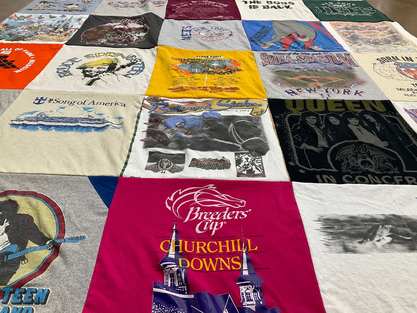 T-shirt quilt with music, concerts themes by Rita from NY