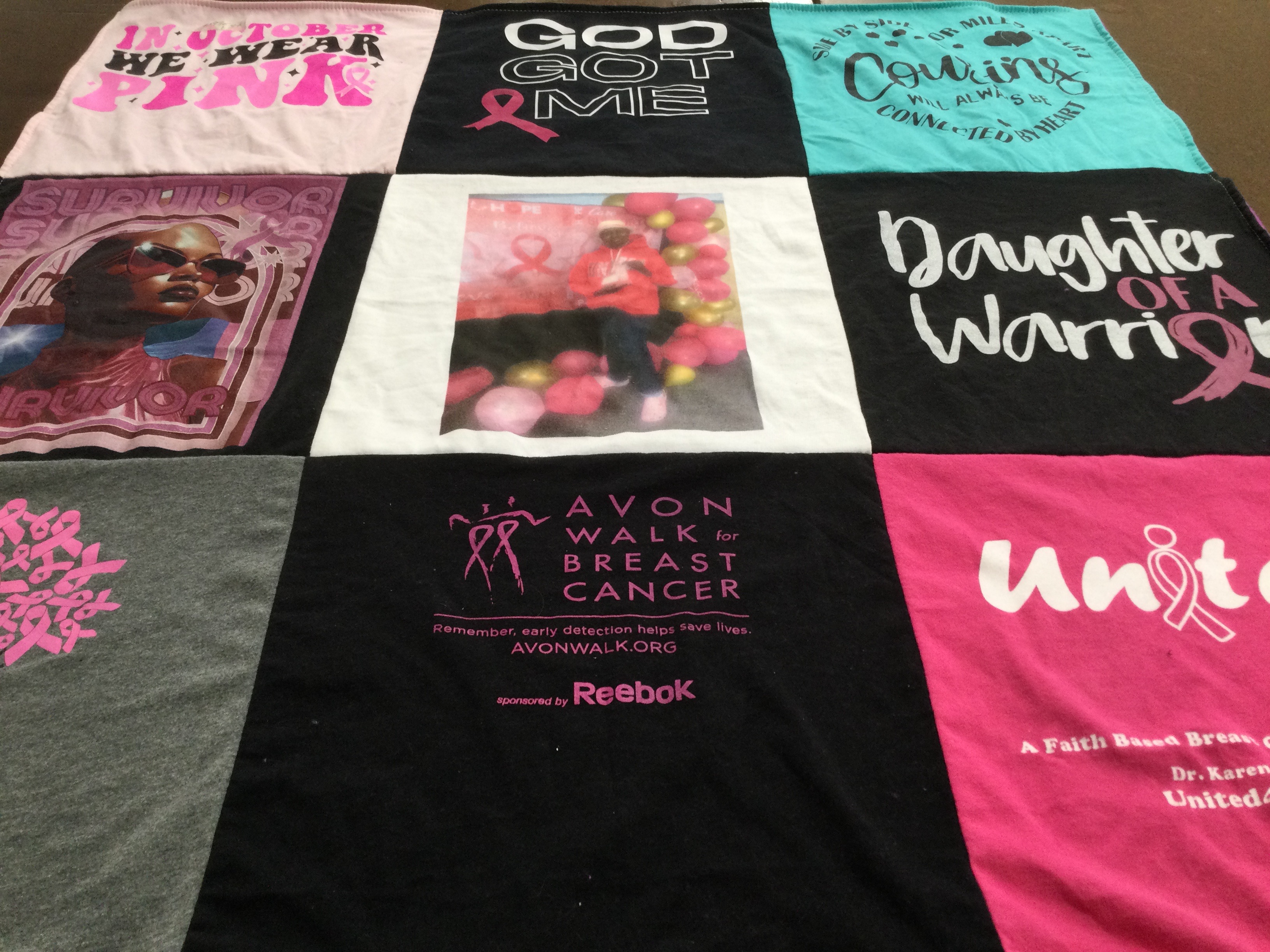 T-shirt quilt with breast cancer awareness, support for cancer survivors themes by Venus from CA