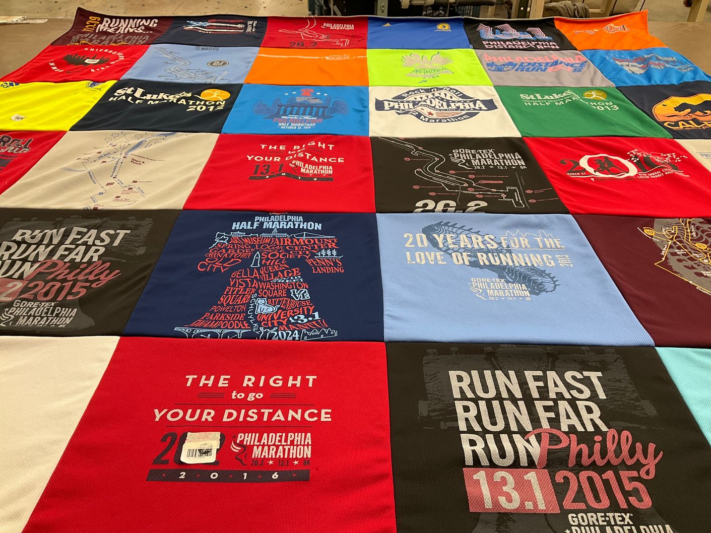T-shirt quilt with running, marathons themes by Julie from PA