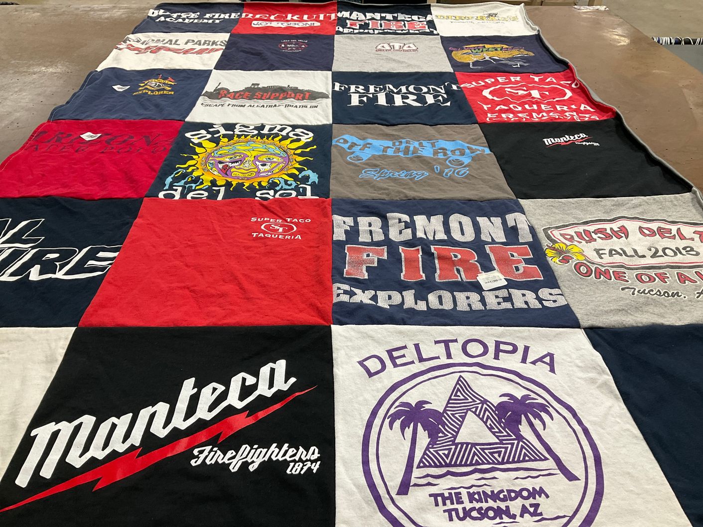 T-shirt quilt with firefighting, food themes by Juliana from CA