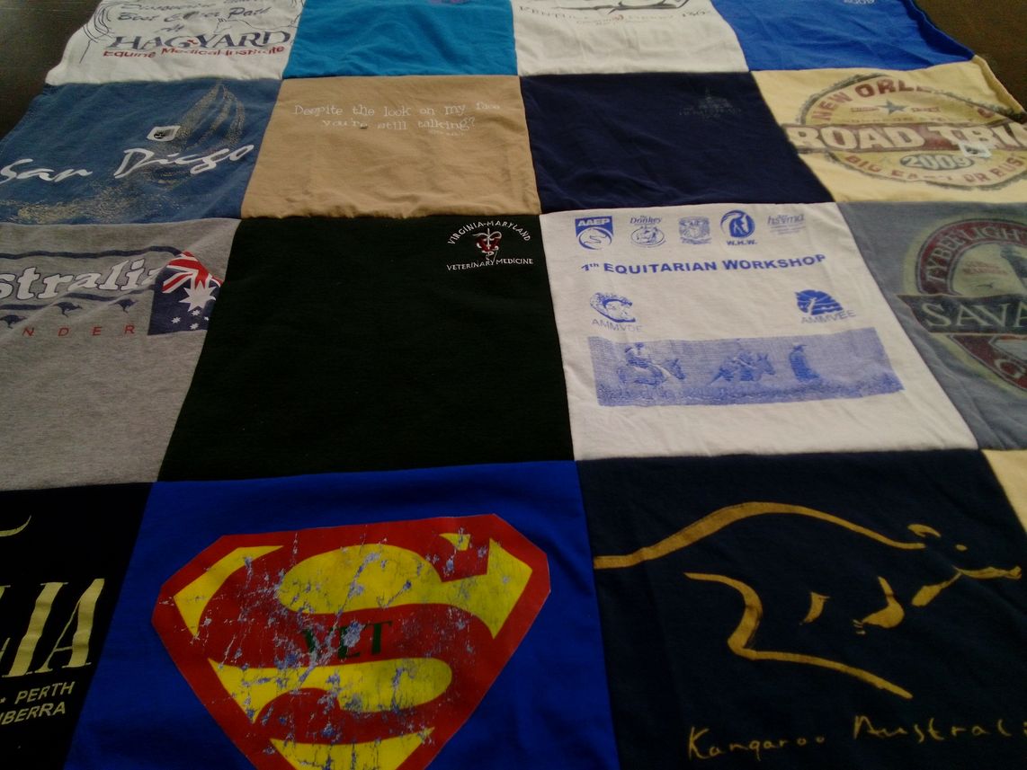 T-shirt quilt with veterinary medicine, animal care themes by Elizabeth from VA