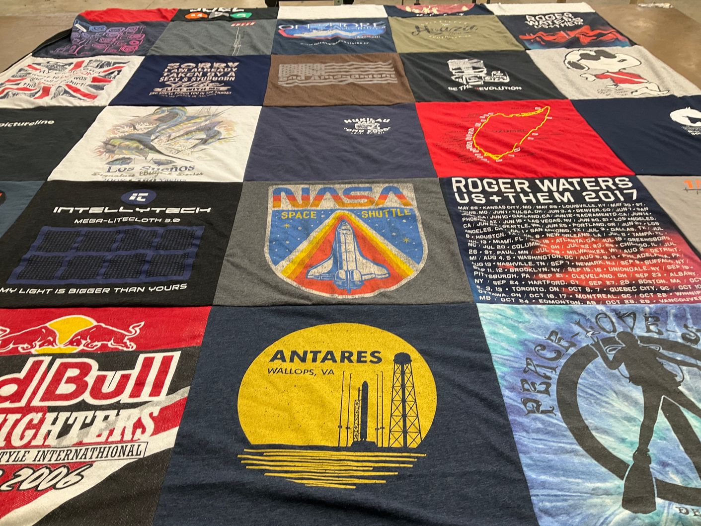 T-shirt quilt with music, technology themes by Kalani from UT
