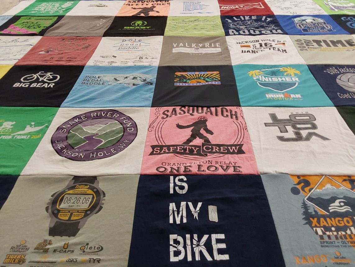 T-shirt quilt with outdoor activities, biking themes by Kristie from WY
