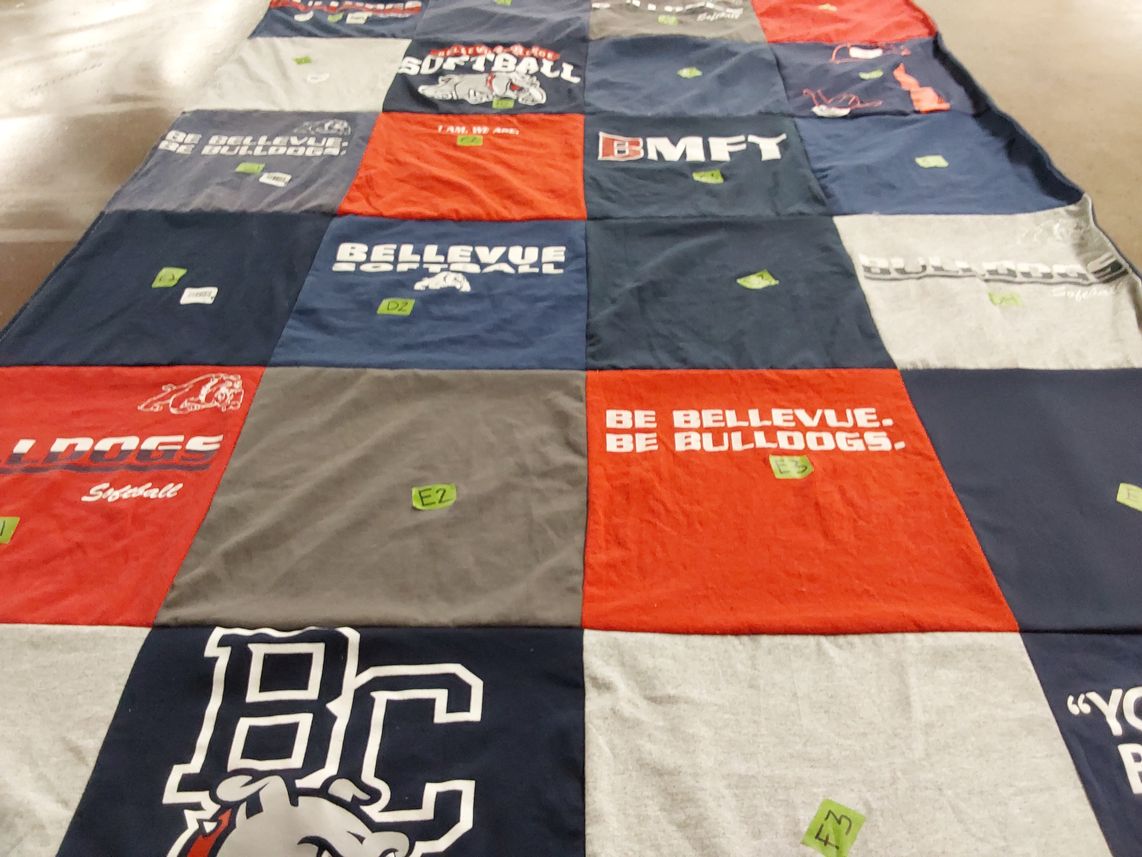 T-shirt quilt featuring bellevue college bulldogs by Lee from WA