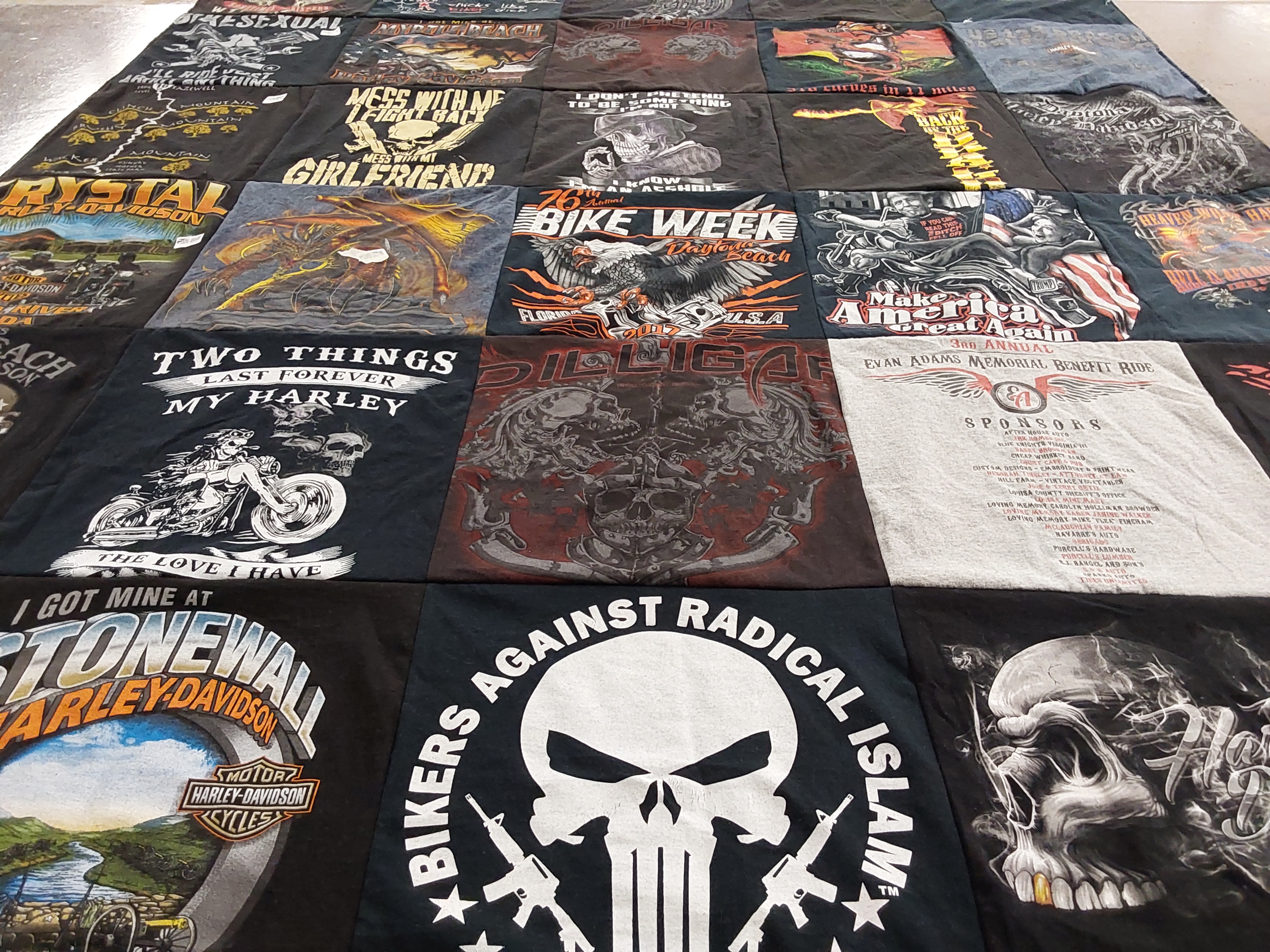 T-shirt quilt with motorcycles, biking themes by Linda from VA