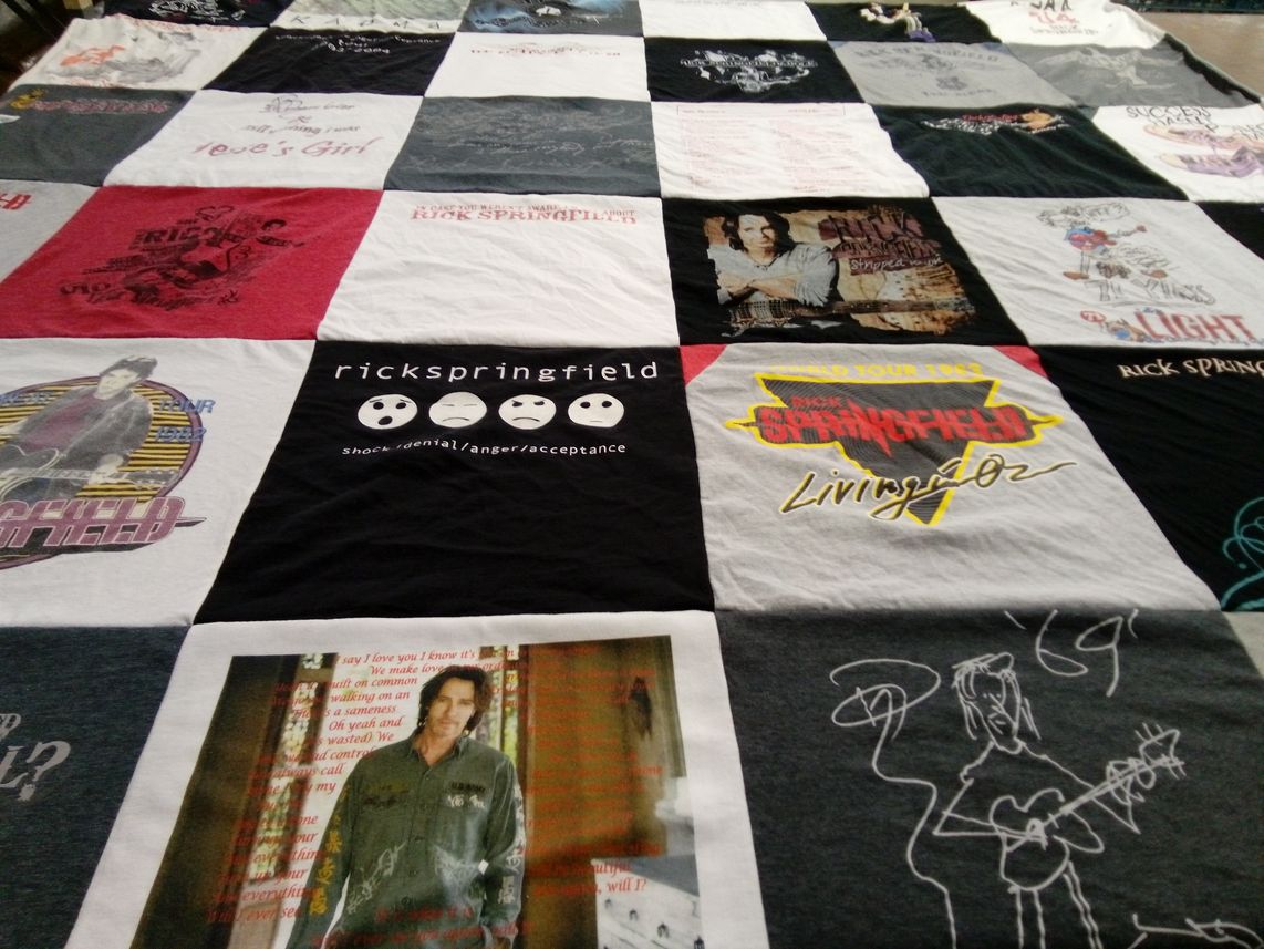 T-shirt quilt with music, rock themes by KELLEY from NY