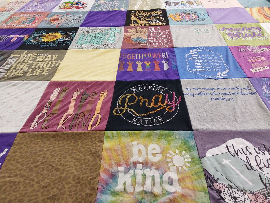 T-shirt quilt with faith, kindness themes by Lydia from TX