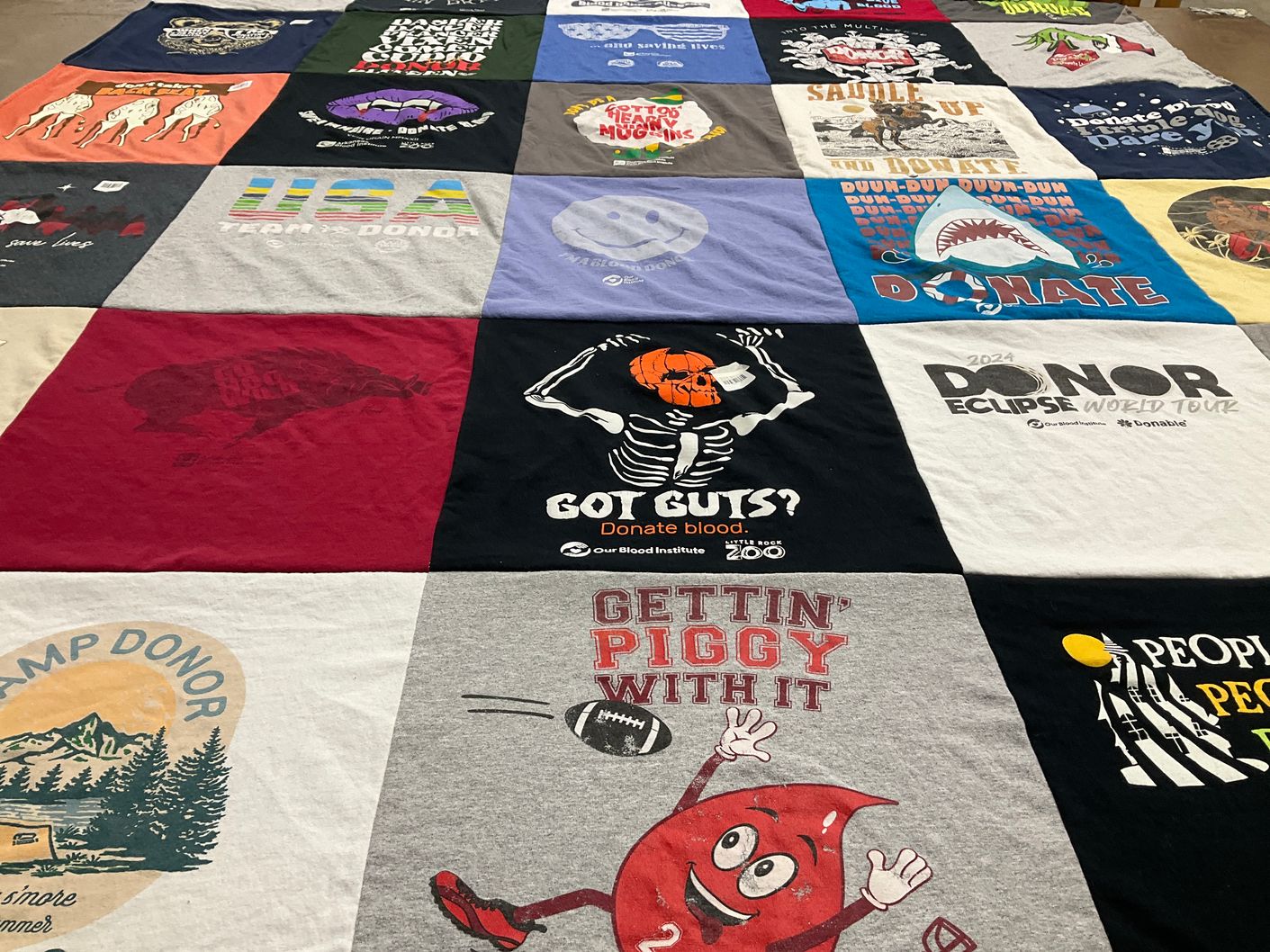 T-shirt quilt with blood donation, camping themes by Joseph from AR