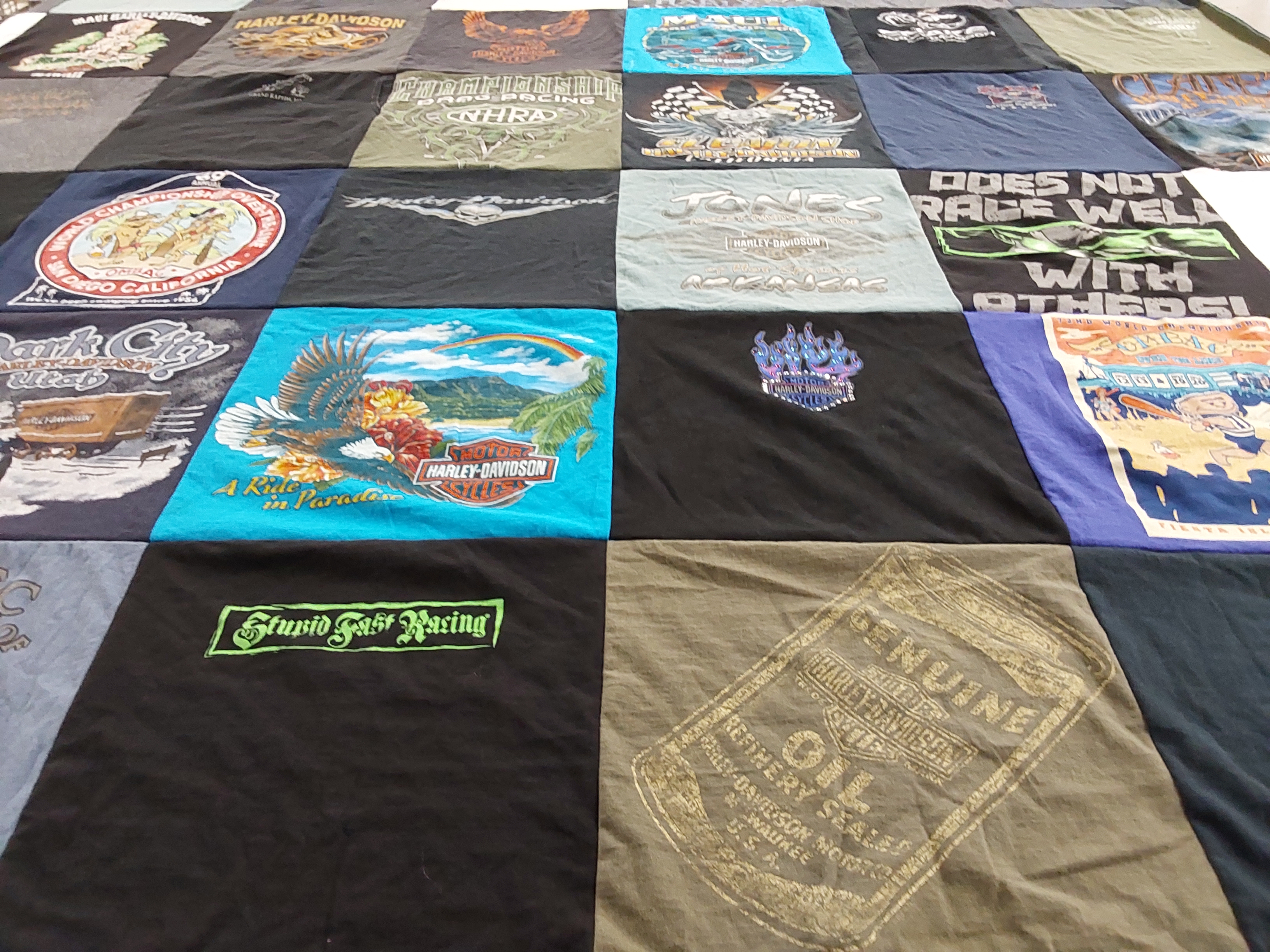 T-shirt quilt with motorcycles, biking themes by catherine from CA