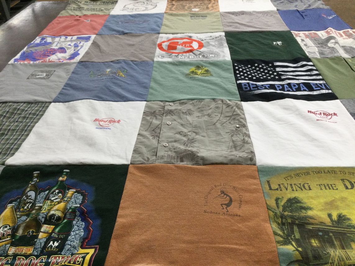 T-shirt quilt with music, travel themes by Jenna from IN