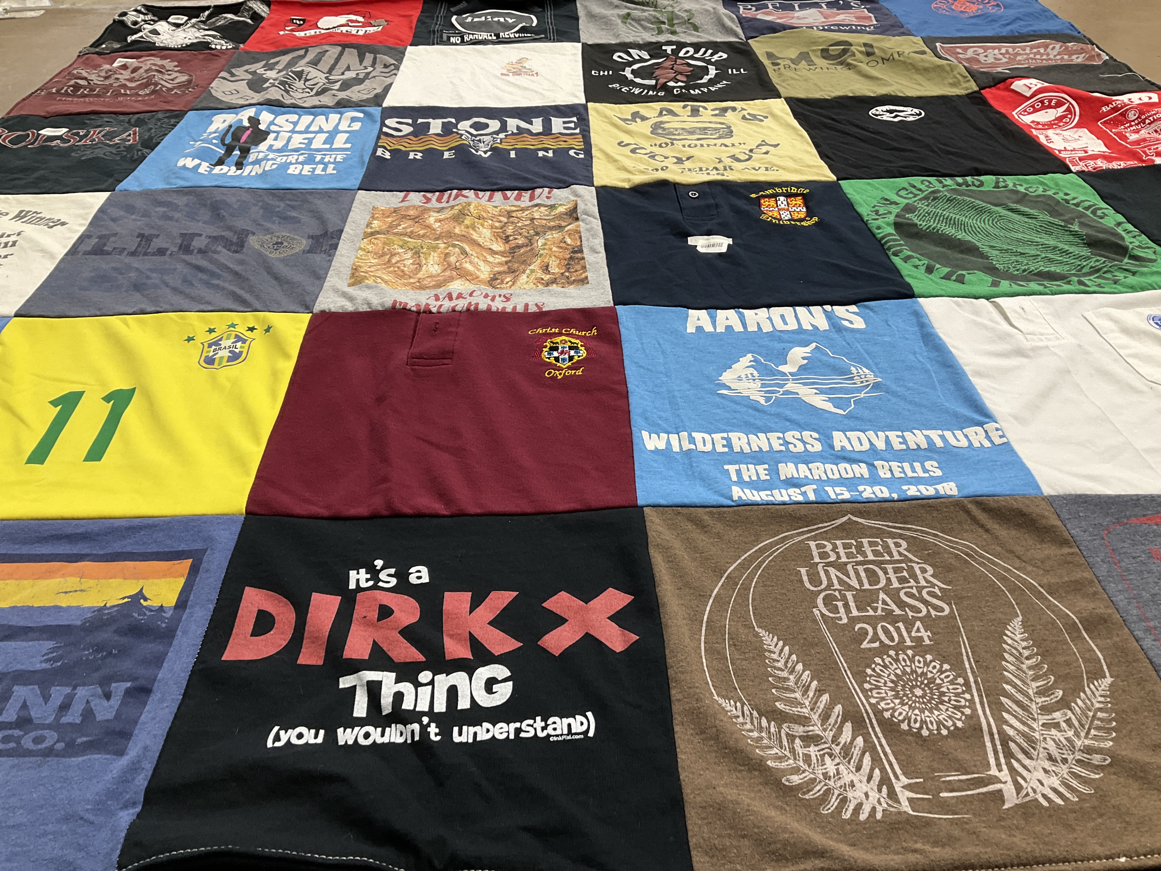 T-shirt quilt with outdoor activities, craft beer themes by Dawn from IL