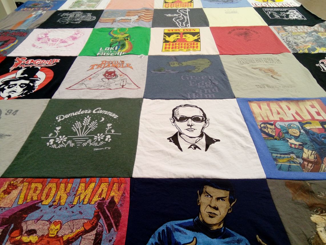 T-shirt quilt with comics, superheroes themes by Rita from TN