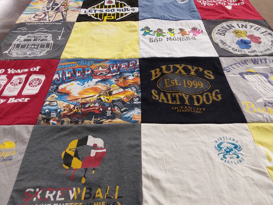 T-shirt quilt with beer, ocean city themes by Jess from NY