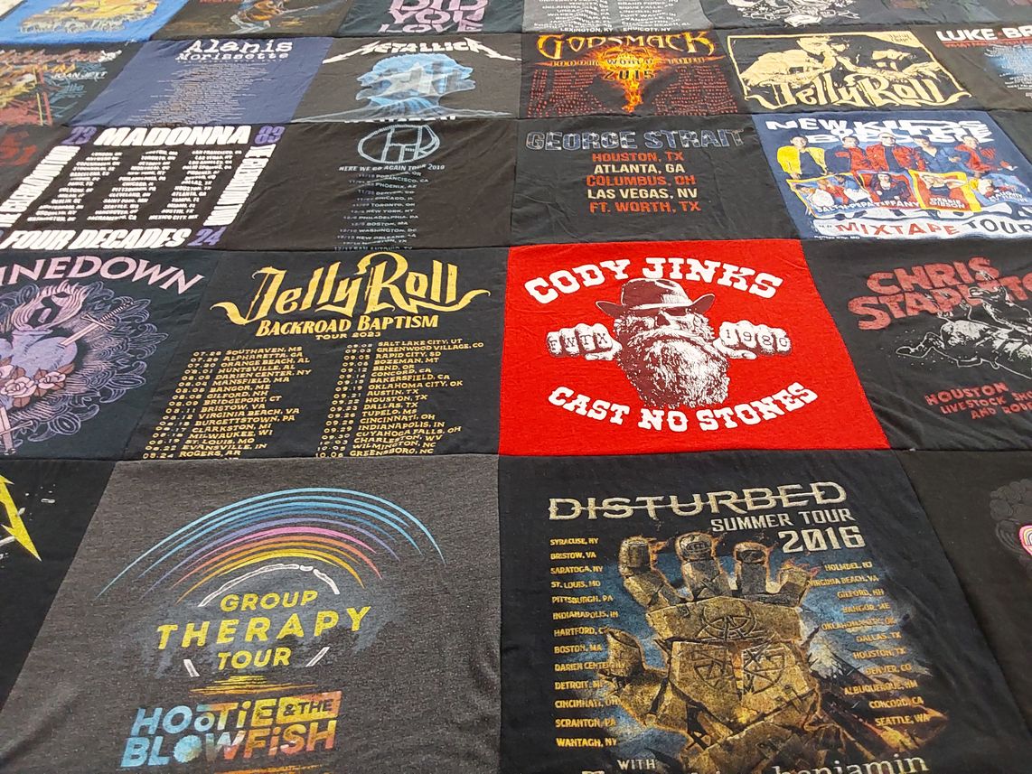T-shirt quilt with music, concerts themes by Angela from TX