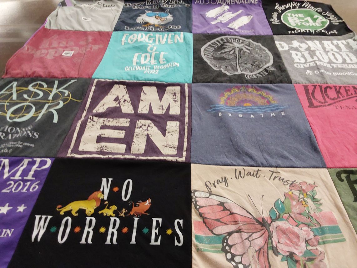 T-shirt quilt with community, faith themes by Valoree from TX