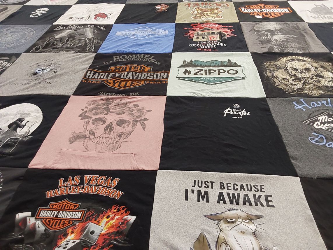 T-shirt quilt with motorcycles, bikers themes by Janet from MN