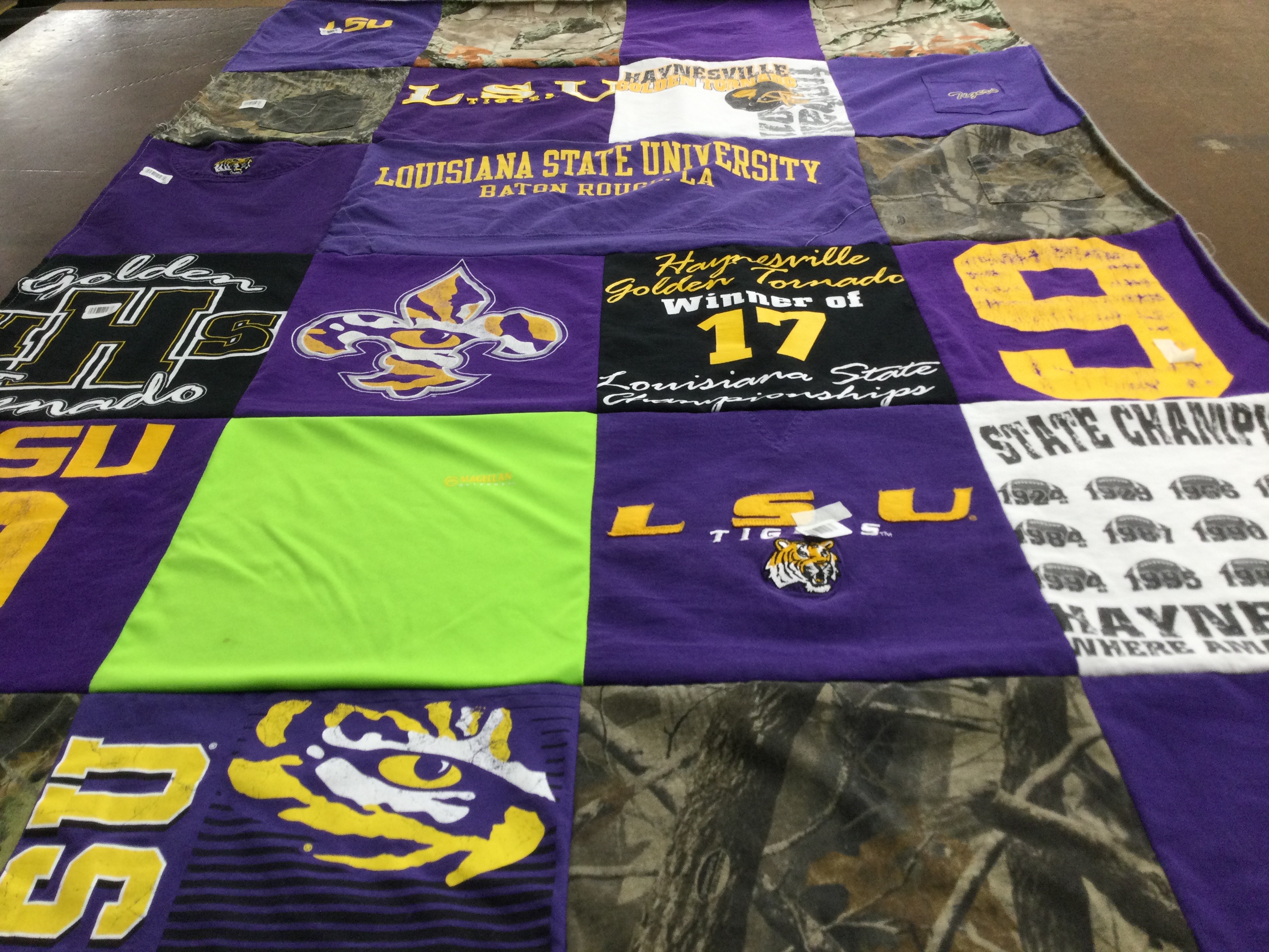 T-shirt quilt featuring louisiana state university tigers by Rebecca from LA