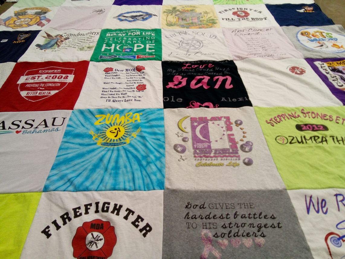 T-shirt quilt with health, fitness themes by Gwen from GA