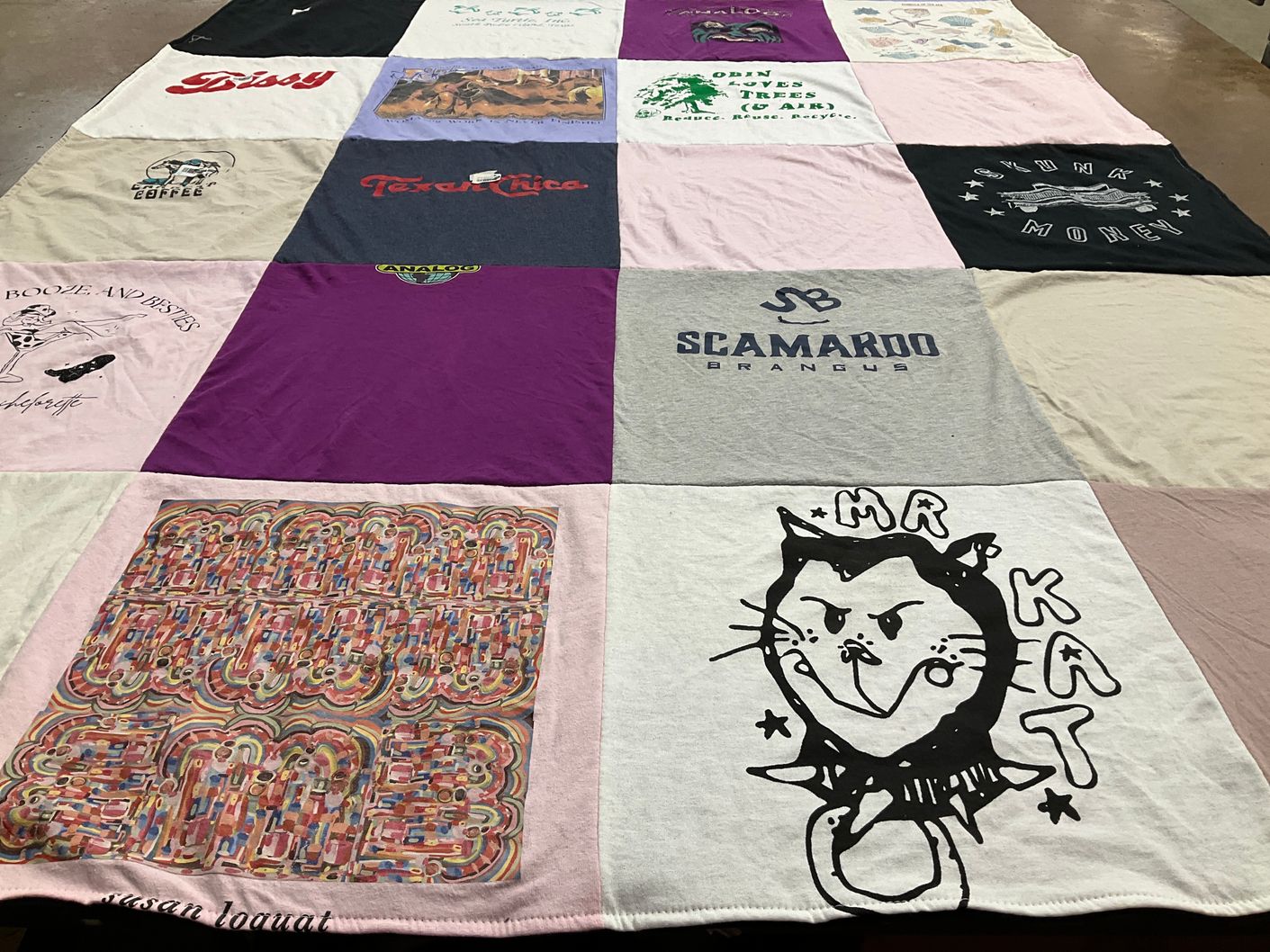 T-shirt quilt with art, coffee themes by Sydney from TX